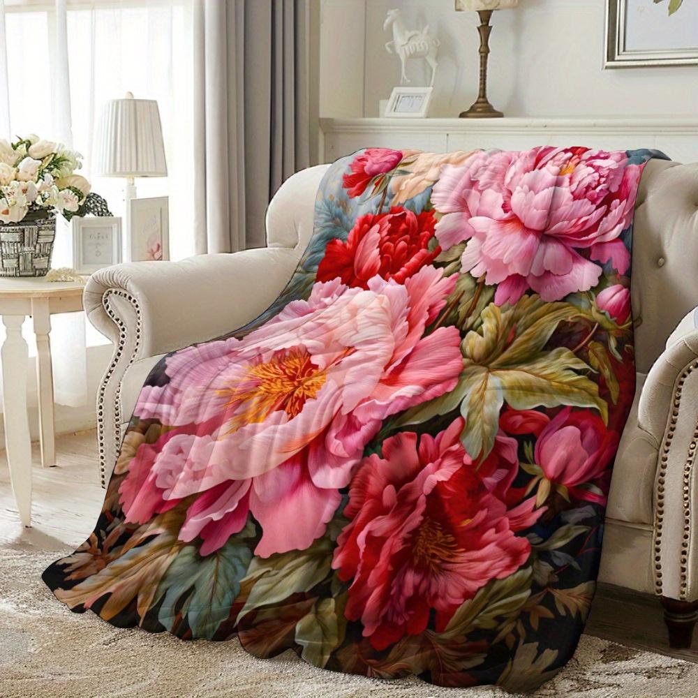 Contemporary Peony Flower Throw Blanket - All-Season Knitted Polyester Flannel, Soft Warm Print, Digital Printed, Cozy Nap &