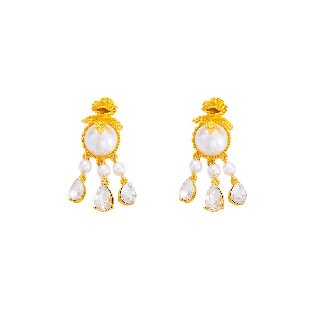 Elegantní Sladká Krásná Žena Středověké Lehké Luxusní Perlové Diamantové Květinové Kapka Vody Třásněné Retro Soudní Styl Náušnice