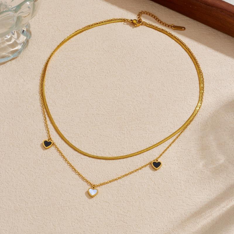 Gold Plated Double Layer Necklace with Black and White Heart Charms Fashion Jewelry for Women