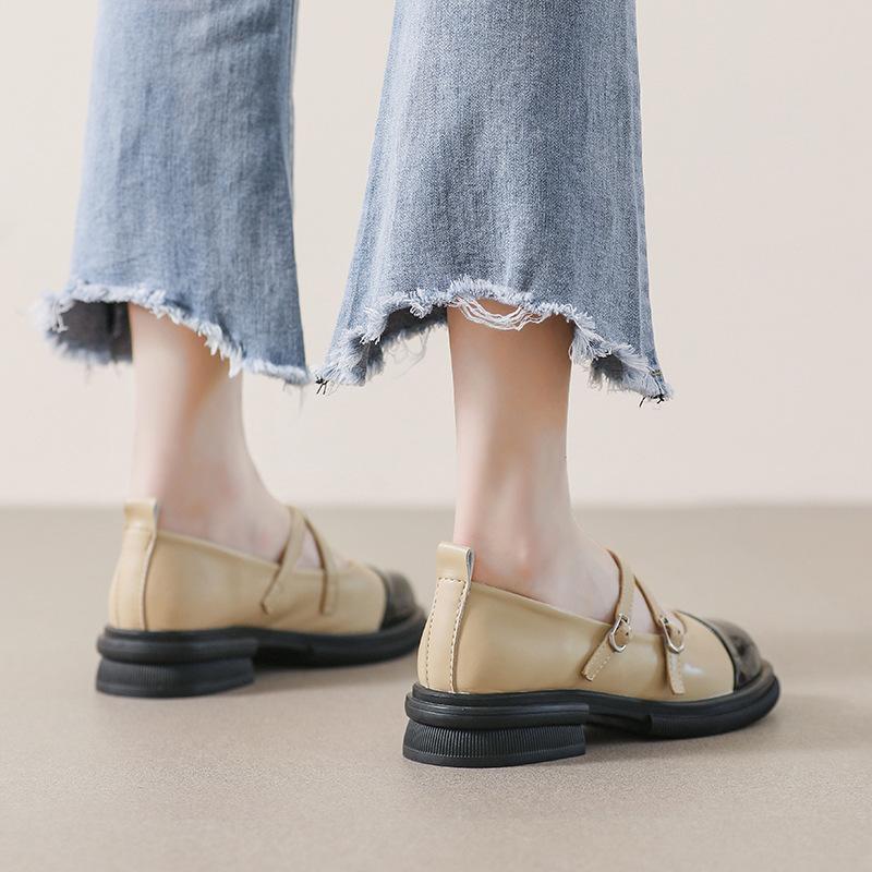 Mary Jane Schuhe mit dicker Sohle, Damen Colorblocking, kleine Lederschuhe im College-Stil, Blockabsatz, Einzelschuhe mit weicher Sohle
