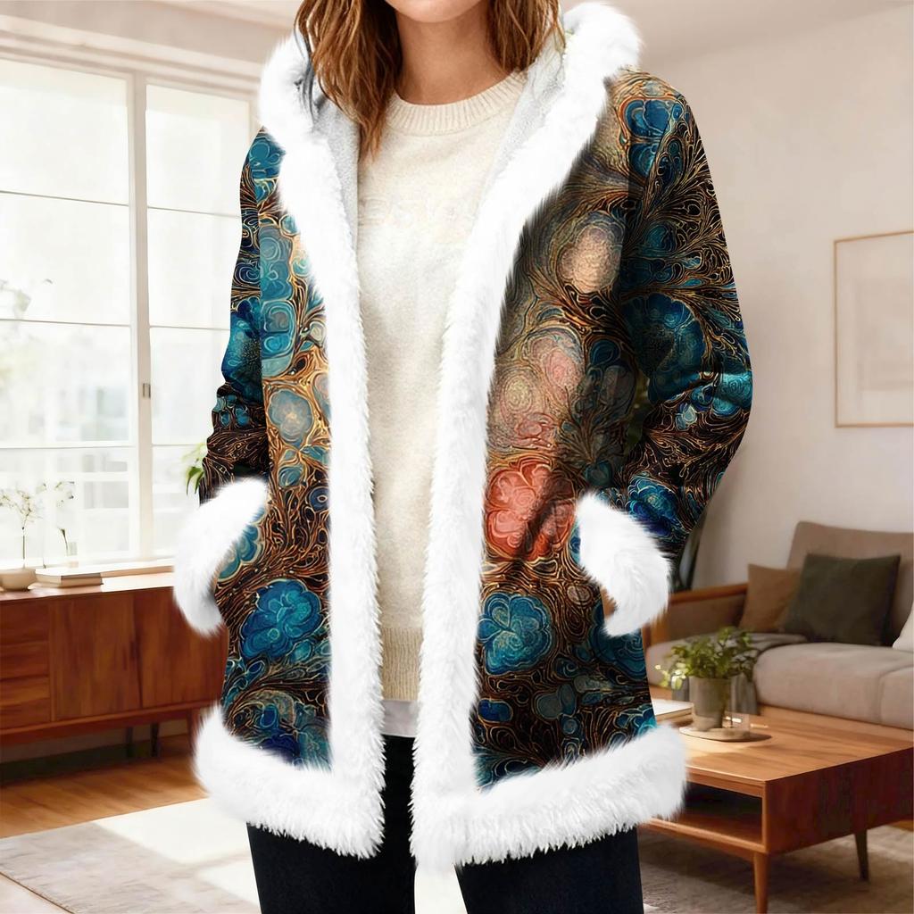 Lässiger Damen-Fleece-Kapuzen-Cardigan mit Taschen Warme Oberbekleidung