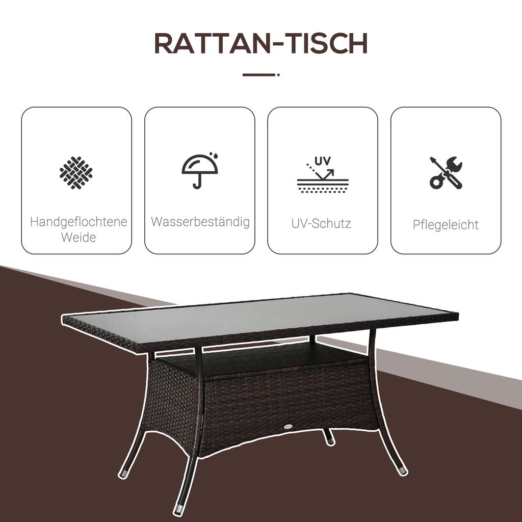 Garden Table Glass Table Dining Table Garden Furniture Table, Poly Rattan+Safety Glass, Brown+Black, 150x85x74cm