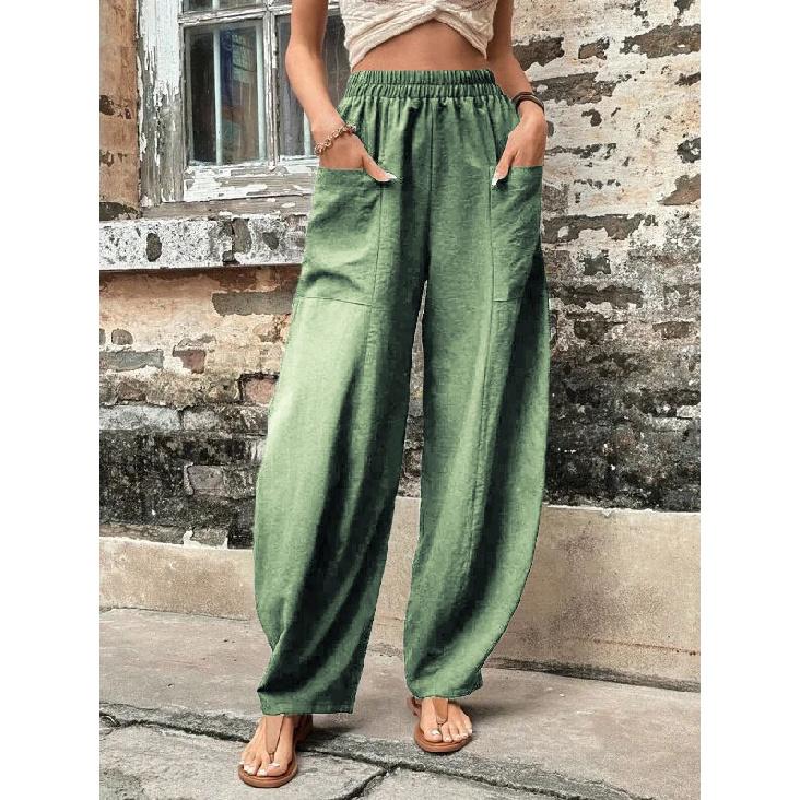 Women's Solid Color Pocket Casual Pants, Elastic Waist Long Trousers