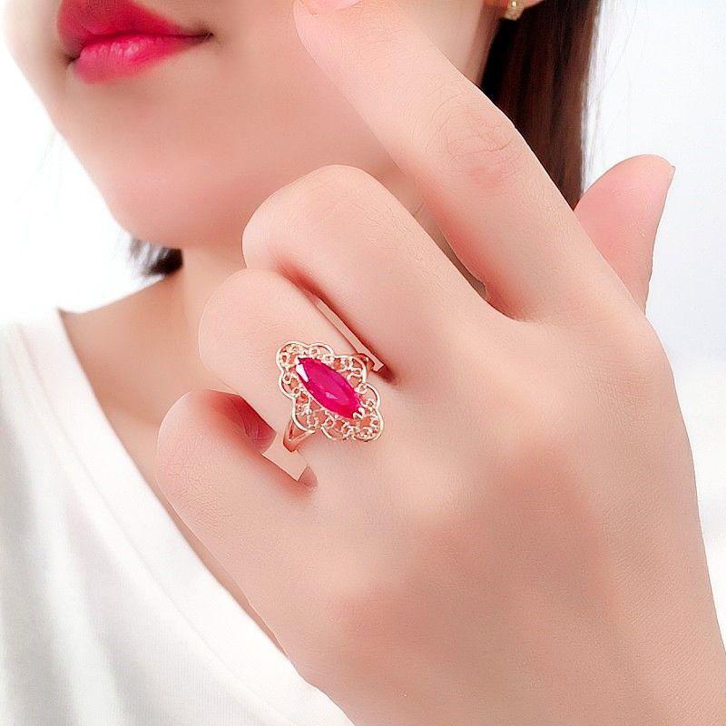 Russian Purple Gold Fashion Water Drop Pattern Red Stone Hollow Ring Plated Rose Gold Pigeon Blood Red Ring Women