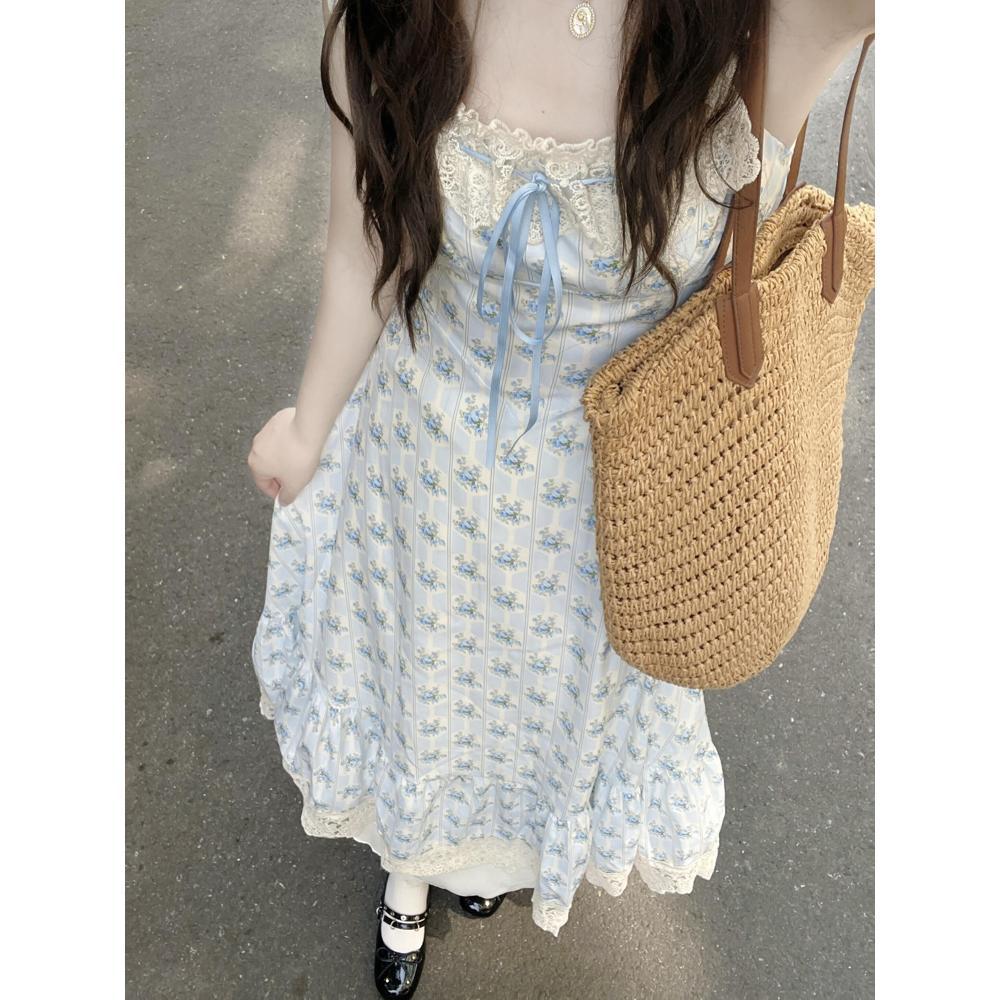 

Сладкое цветочное платье женское повседневное летнее платье квадратный вырез талия тонкая юбка на бретелях темпераментное длинное платье лето S- (can be worn within 45kg)