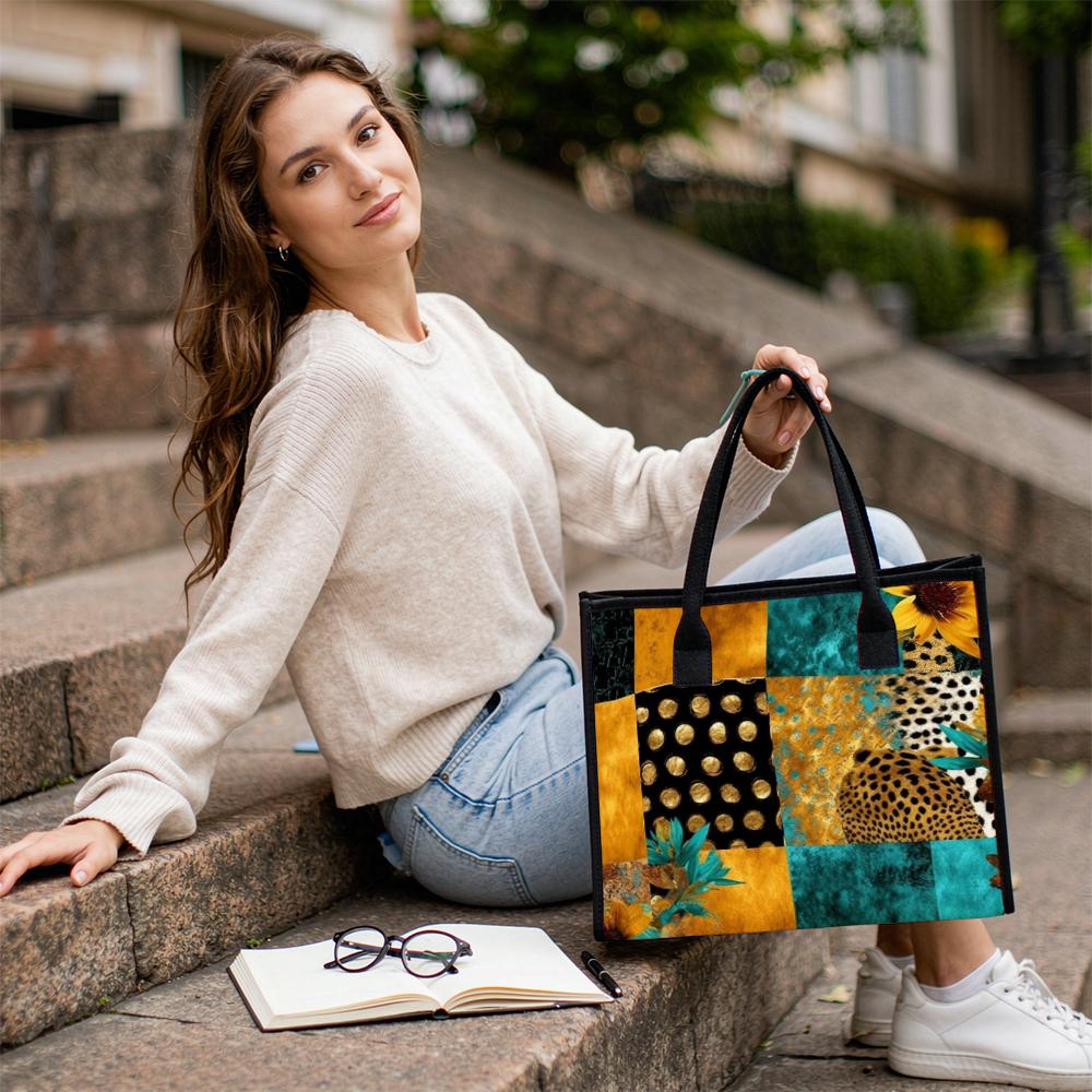 Sunflower Leopard Print Tote Bag Stylish Casual Large Capacity Portable Daily Use Handbag for Women