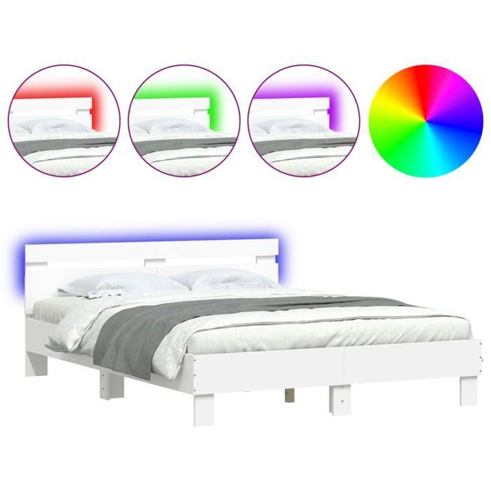VidaXL Cadre de Lit avec Tête de Lit et LED, Lit Double avec Sommier à Lattes, Lit Adulte de Chambre, Blanc 140x190 cm Bois 3207560
