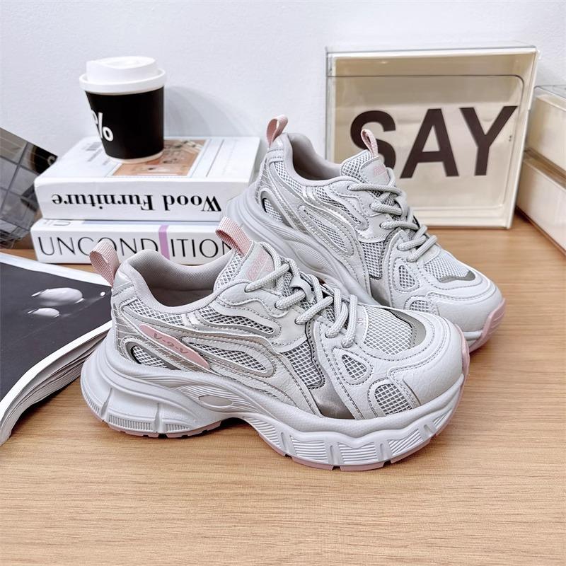 Platform Dad Shoes Women's Spring New Versatile Round Head Leather Mesh Sports and Leisure Shoes