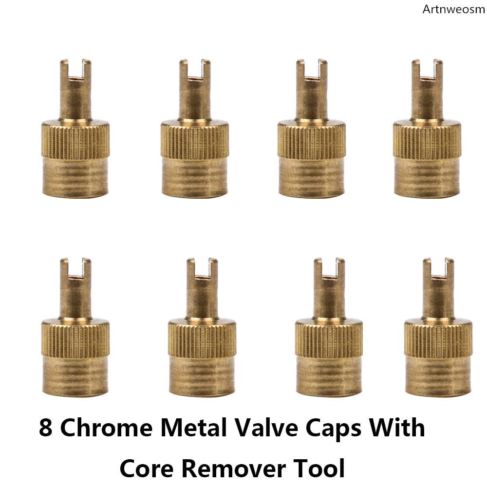 8pcs//Set Chrome Metal Slotted Head Valve Stem Caps With Core Remover Tool ND