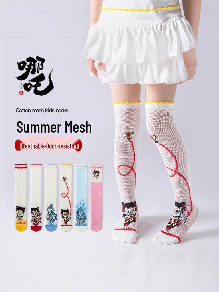 Nezha Cartoon Kids' Summer Socks: Cute, Breathable, Thin Mid-Calf Mesh Cotton Socks for Girls