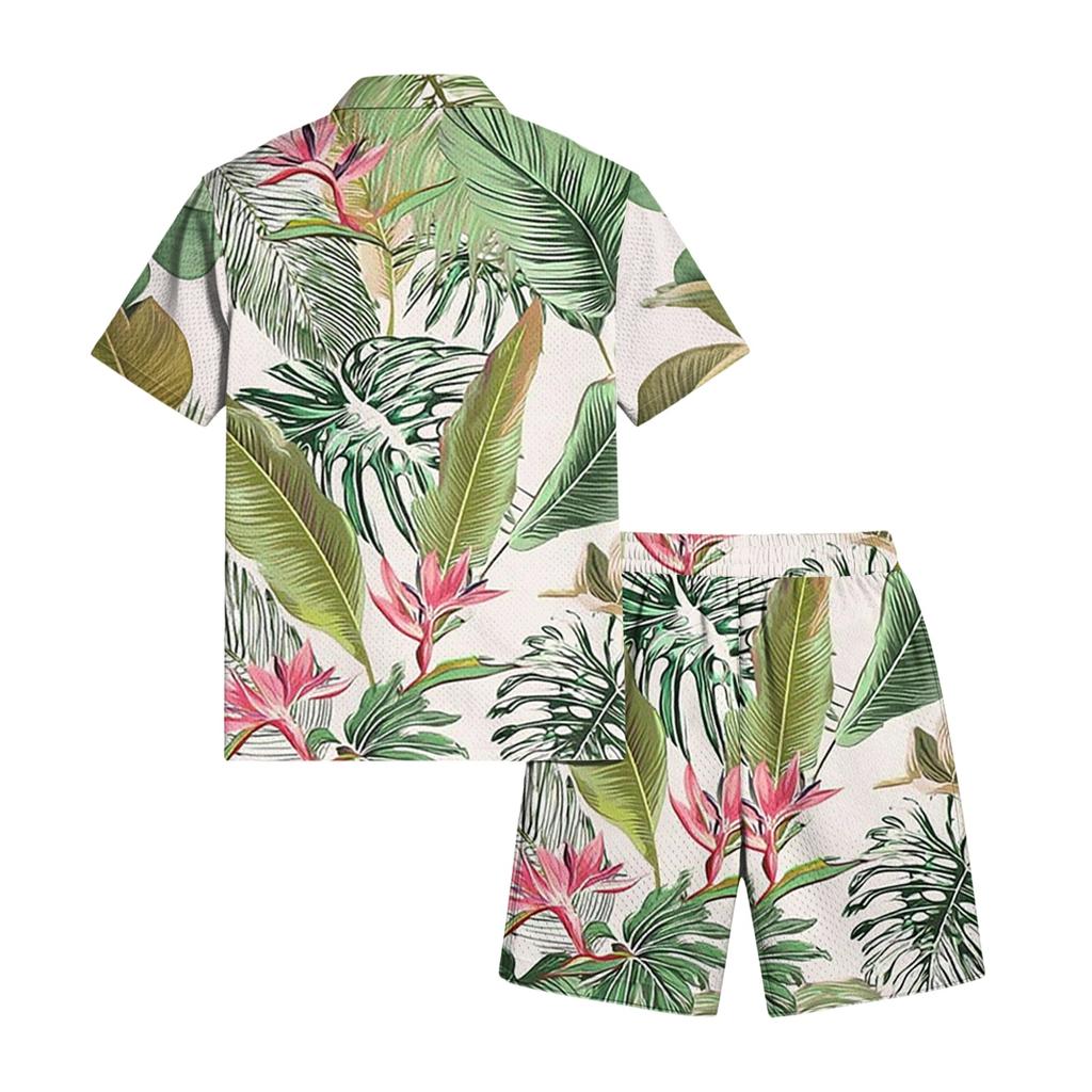 Men's Casual Printed Top and Drawstring Shorts Set Lightweight Breathable Set for Summer