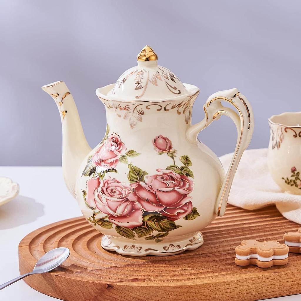 Vintage Rose Ceramic Teapot 800ml, Floral Teapot with Gold Leaf Rim for Loose Tea, Ivory Elegant Tea Pot, Gift for Tea Lovers