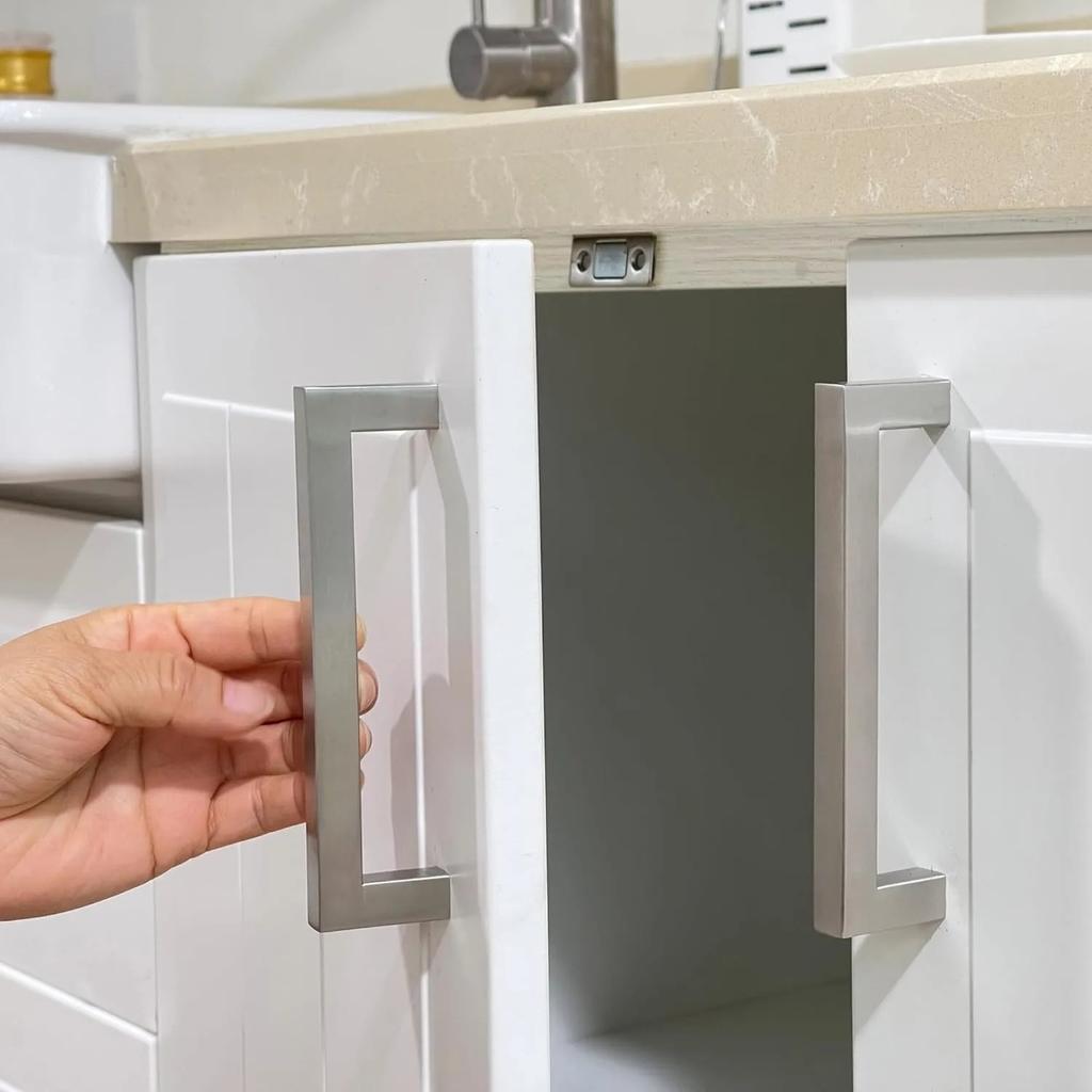 4 Pack Matte Black Cabinet Pulls Stainless Steel Kitchen Cabinet Handles - Square Dresser Handles Drawer Pulls Silver Black