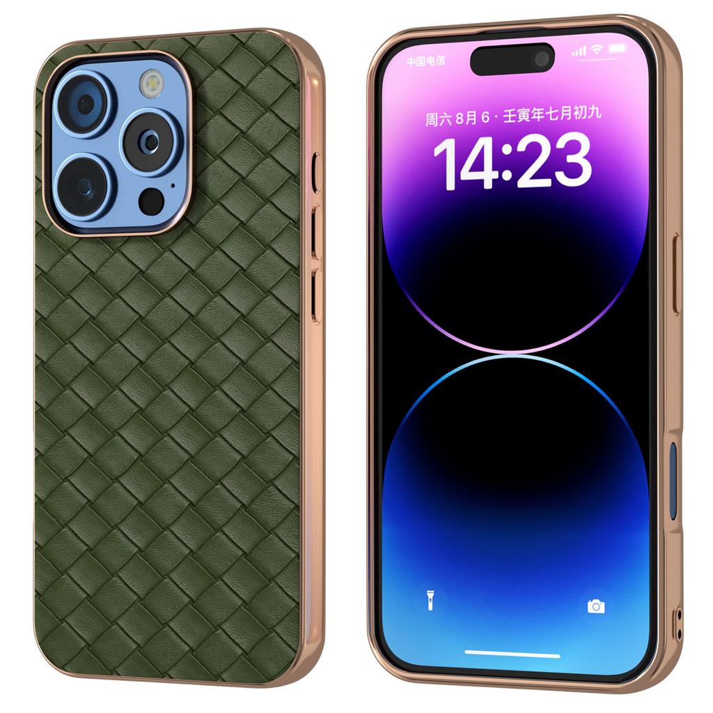 For iPhone 16 Pro Max Case Woven Texture Electroplating Edge Leather Coated PC+TPU Phone Cover
