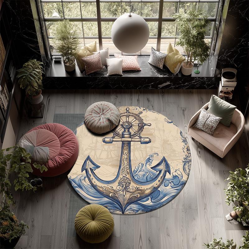 Anchor and Ship's Wheel,Round Area Rug,Carpet Rug for Living Room Bedroom Sofa Playroom Decor,Non-slip Floor Mat
