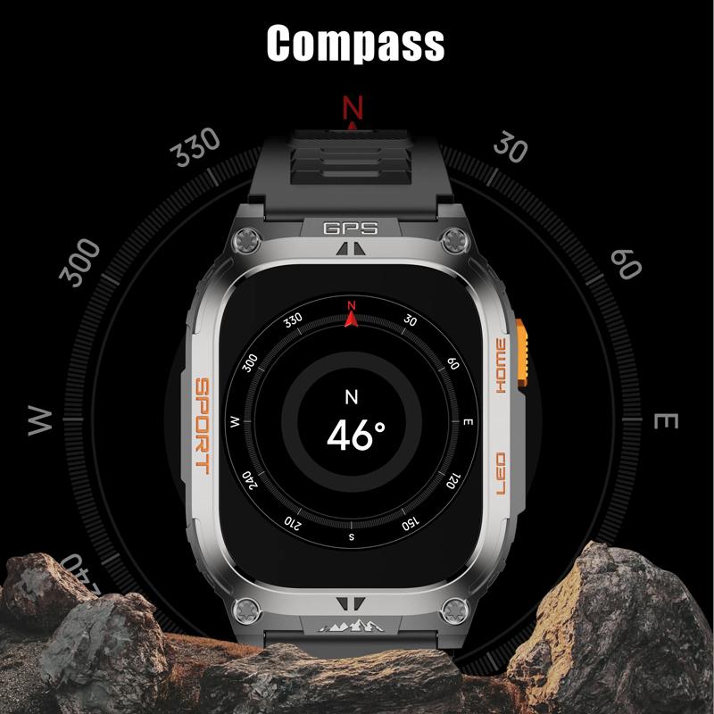 SACOSDING GPS Tracker Smart Watch IP68 Waterproof 2.01-inch HD Display Compass 630mAh Battery Heart Rate BT Call Outdoor Sport Smart Watch