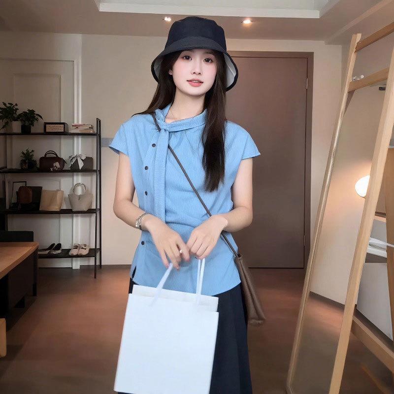 Summer New Style Irregular Slim Pleated Top High-end Striped Short-sleeved Shirt