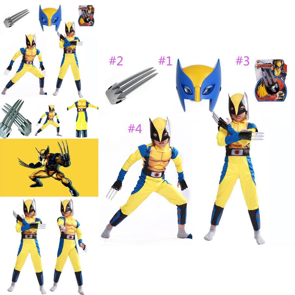 Exquisites blau-gelbes Wolverine-Muskelkostüm für Kinder und Erwachsene, ideal für Halloween-Partys