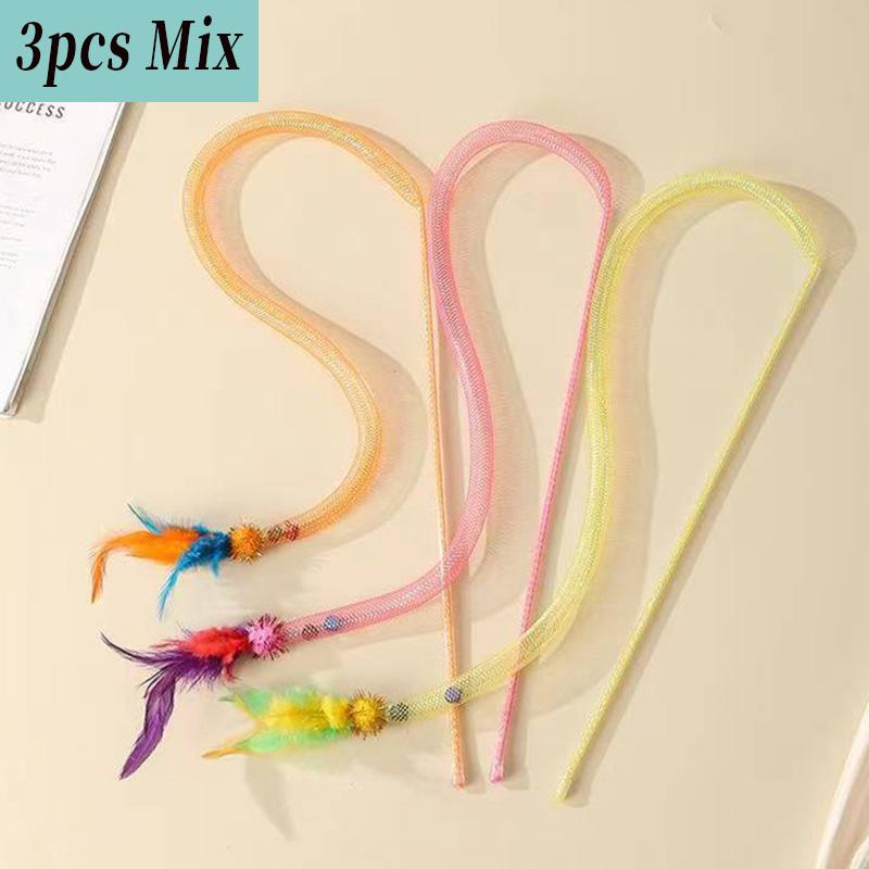 

3pcs Mix Feather Teasing Cat Stick Elastic Mesh Tube With Feathered Furry Ball Cat Toy Rod Kitten Interactive Toys Pet Wand