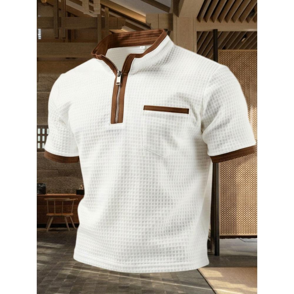 

Men s summer polo shirt with zipped pocket, stand-up collar, and loose-fit round-neck T-shirt S белый