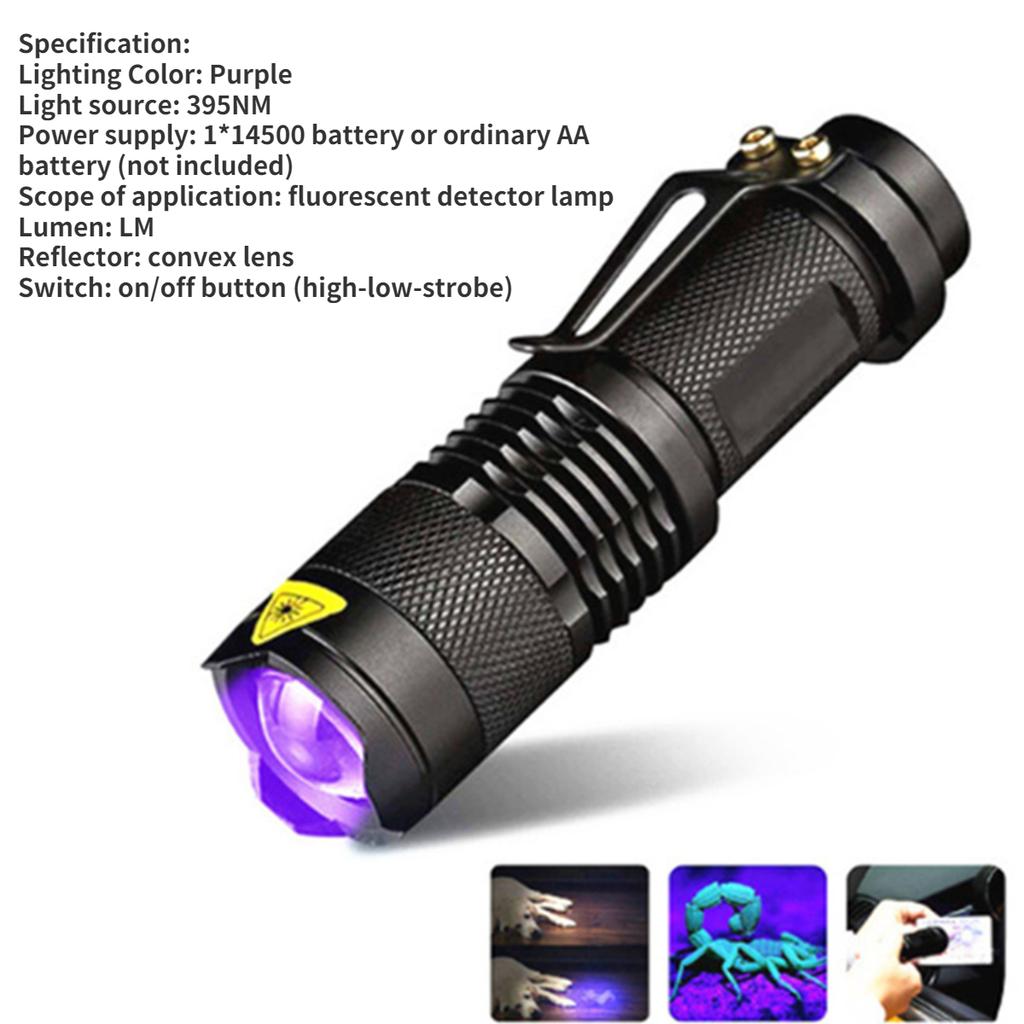 365nm UV Lamp USB Rechargeable Ultraviolet Flashlight 3 Mode Powerful Mini UV LED Torch Telescopic Zoomable UV Light Blacklight