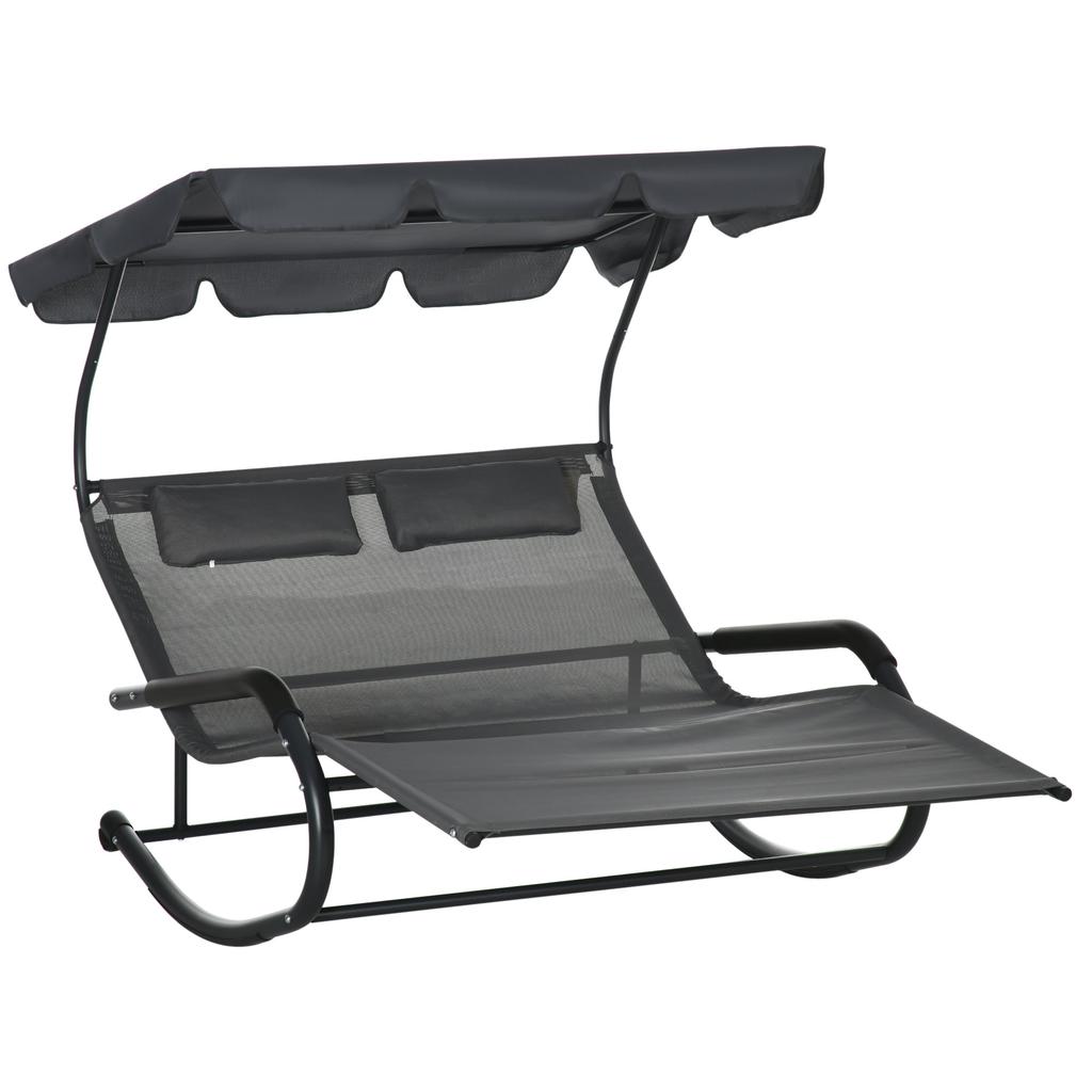 Double Sun Lounger for 2 People, Incl. Cushions and Canopy, 200 Cm X 139 Cm X 140 Cm. Dark Gray