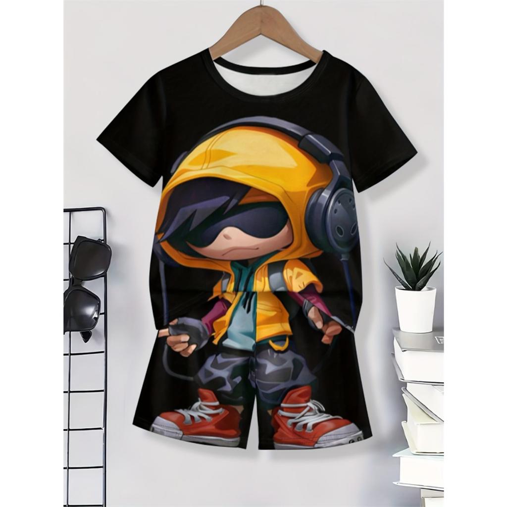 2025 Summer New Casual Short Sleeve Loose Men's Two Piece Fun Pattern Printed Short Sleeve Set Street Fashion