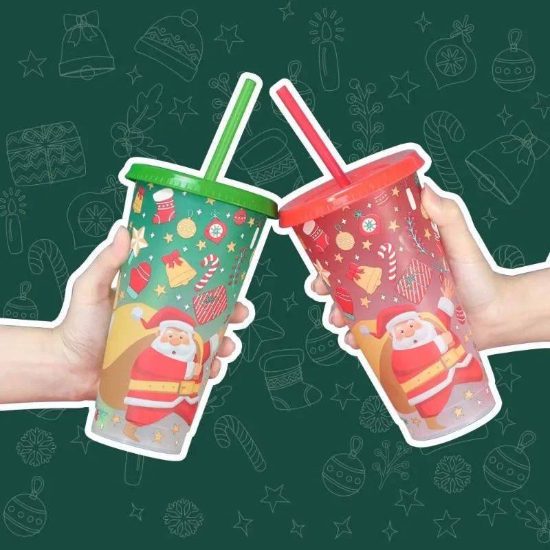 Christmas Cooling Cup 24oz Large Capacity Plastic Straw with Straw Change Color When Cold Christmas Straw Cup