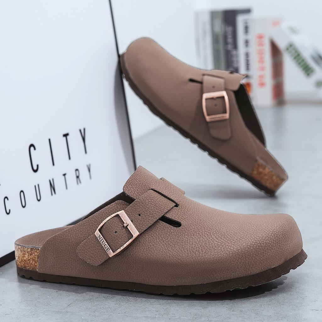 Unisex Leder Clogs Marinefarben Korkfußbett Sandalen mit Verstellbarer Schnalle Geschlossene Zehen Komfort Slides für Herren Damen 10 Farben