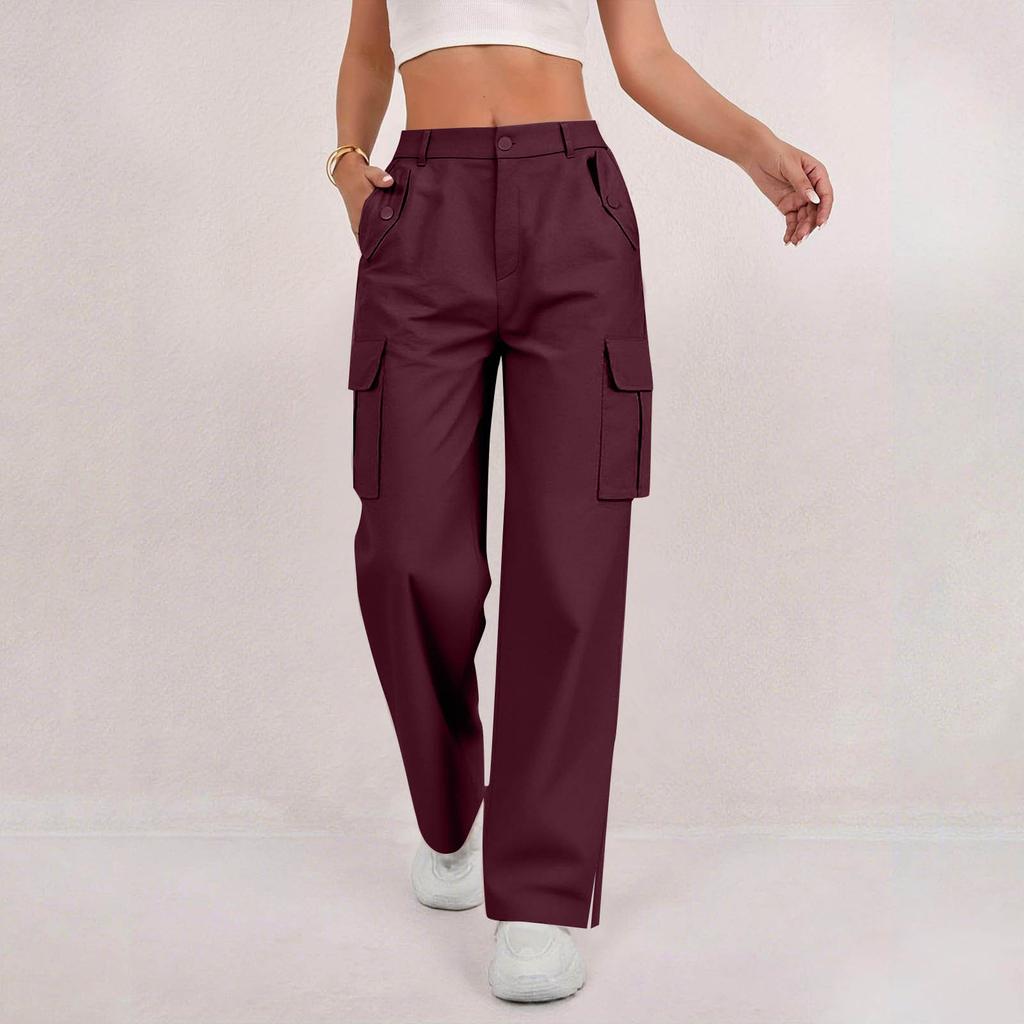 Women's Fashion Relaxed-Fit Pocket Straight-Leg Pants Sporty Wide-Leg Pants High-Waisted Casual Cropped Pants