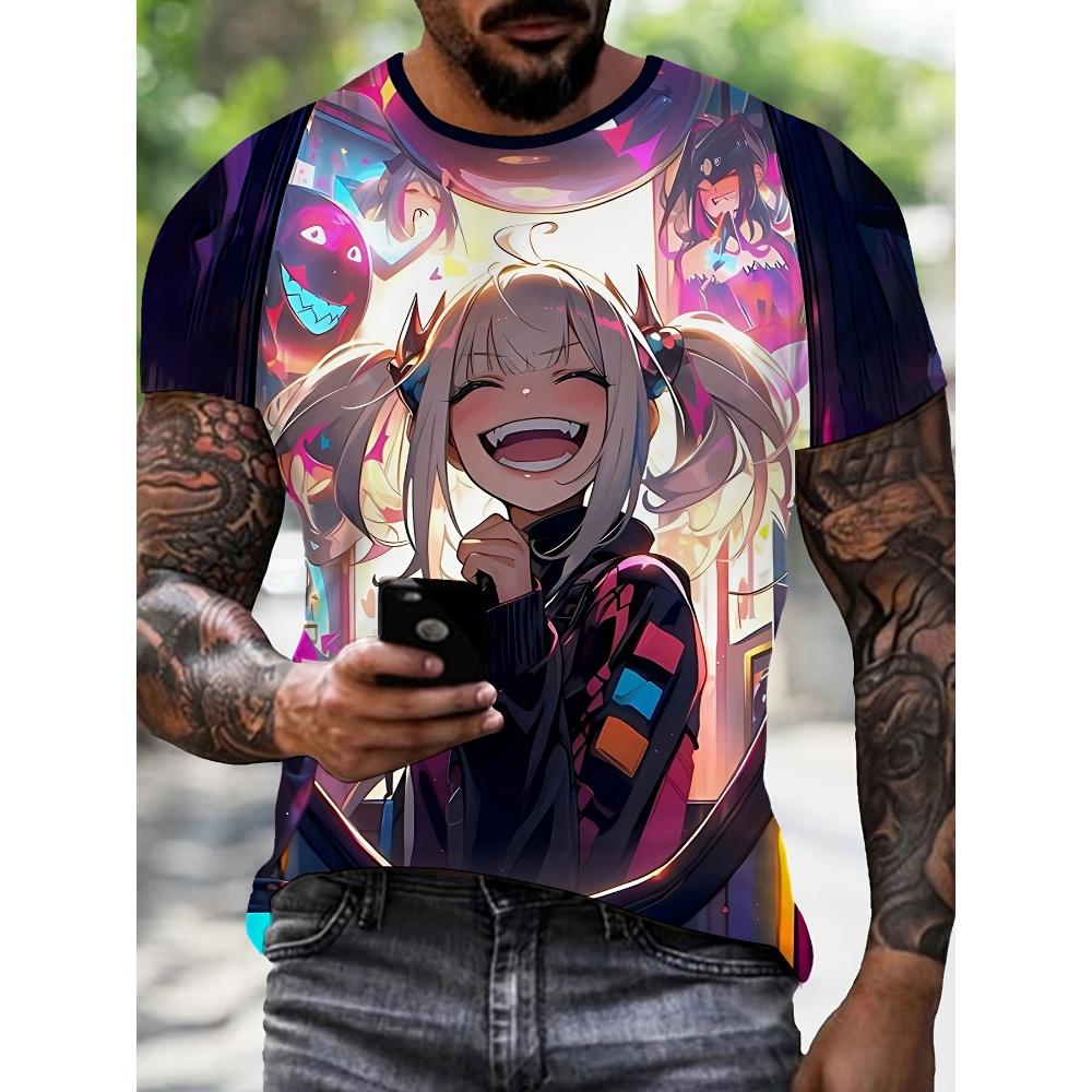 Men's Anime Print Shirt - Relaxed crew neck, short sleeves, machine washable - suitable for all seasons