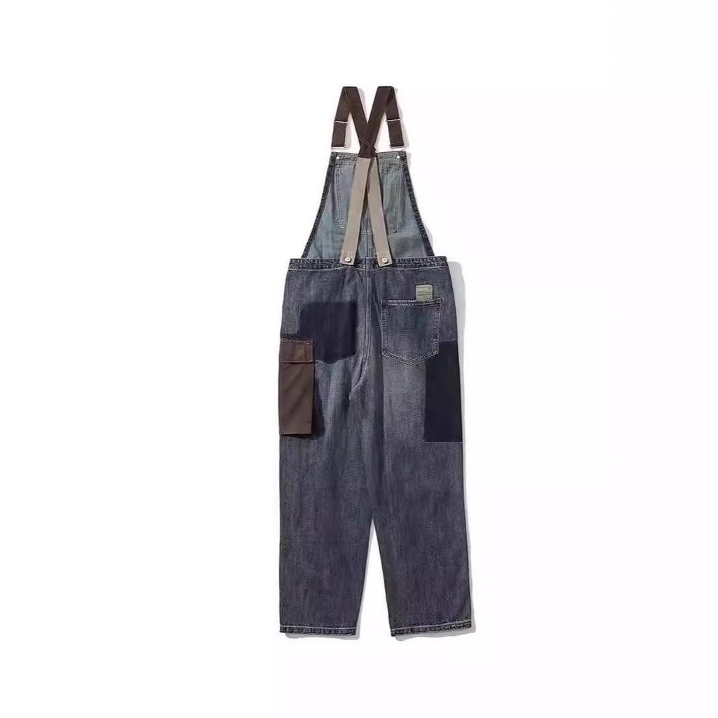Unisex Japanese Retro Overall Jeans with Contrasting Suspenders
