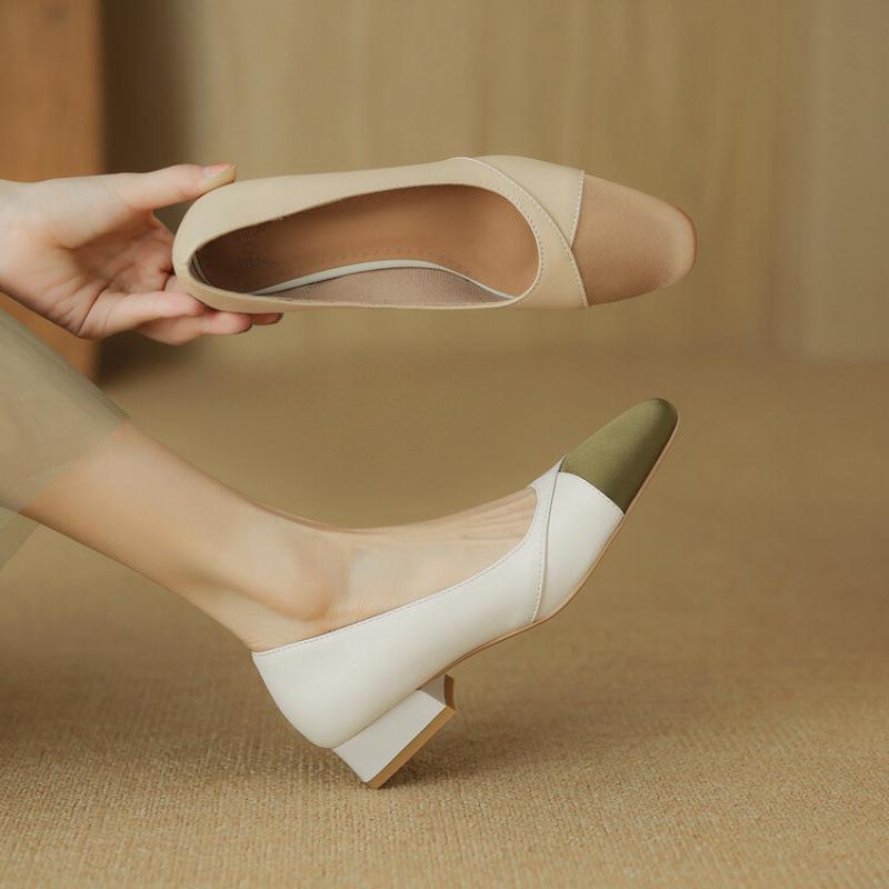 New color matching women's single shoes women's leather shoes square head low heel flat shoes casual low-top shoes one pedal lazy shoes