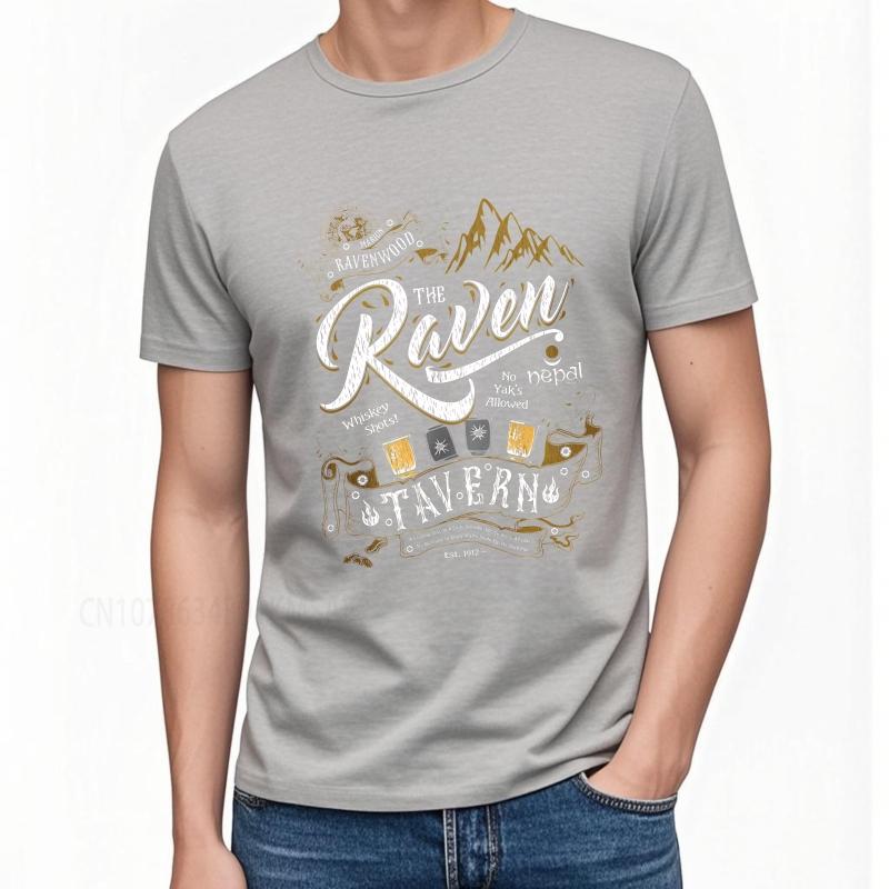 Fashion summer Unisex tshirt The Raven Tavern With Mountains And Drinks Short Sleeve Solid Color O Neck Top tees