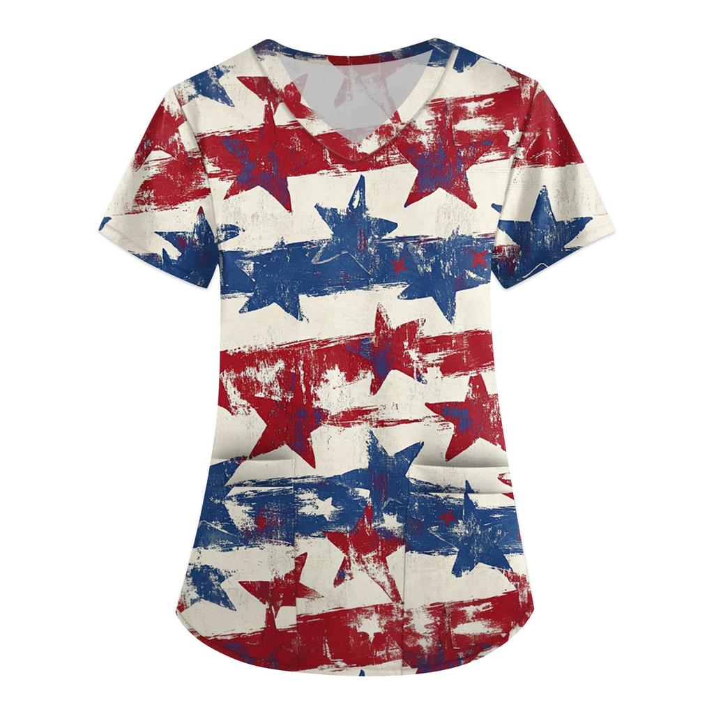 Women's Fashion V-Neck Short Sleeve Overalls With Pockets Print Tops Clothes