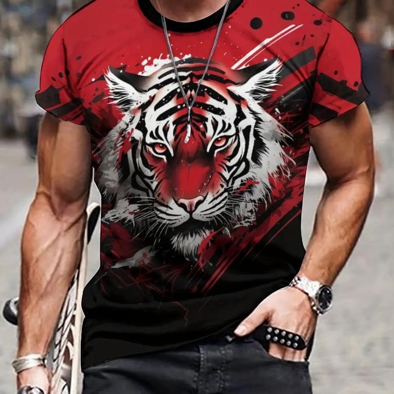 Summer Men's 3D Lion Tiger Pattern T-shirt Casual Micro Elastic Breathable T-shirt