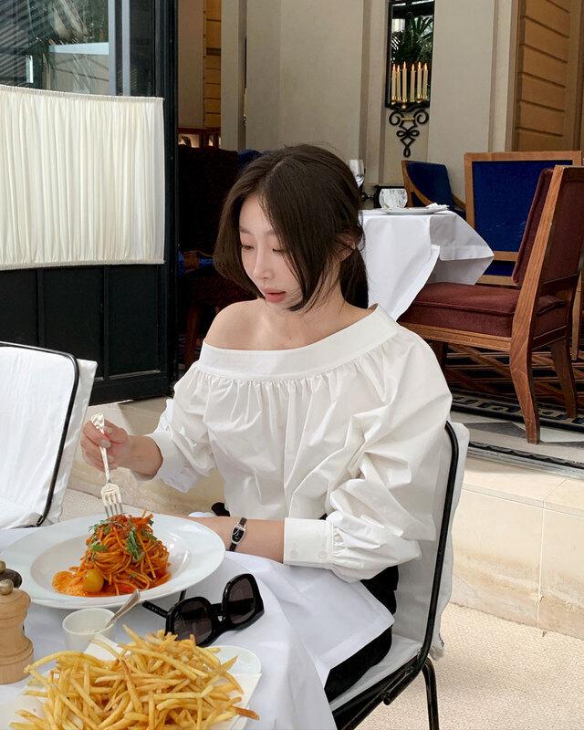 Korean Chic 2026 Spring/Autumn Off-Shoulder Puff Sleeve Shirt for Women