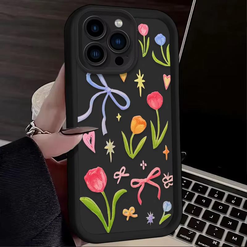 Color Flower Bow Pattern Phone Case For iPhone 16e 16 Pro Max 15 14 Plus 13 12 Mini 11 Pro Shockproof Silicone Soft Back Cover