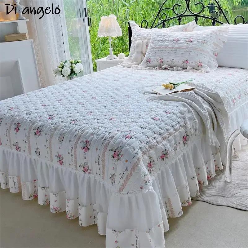 European Style Cotton Floral Wrap Around Ruffle Lace Bed Skirt Sheet Pillowcase Thickened Bed Cover Cotton Quilted Bedspread #/