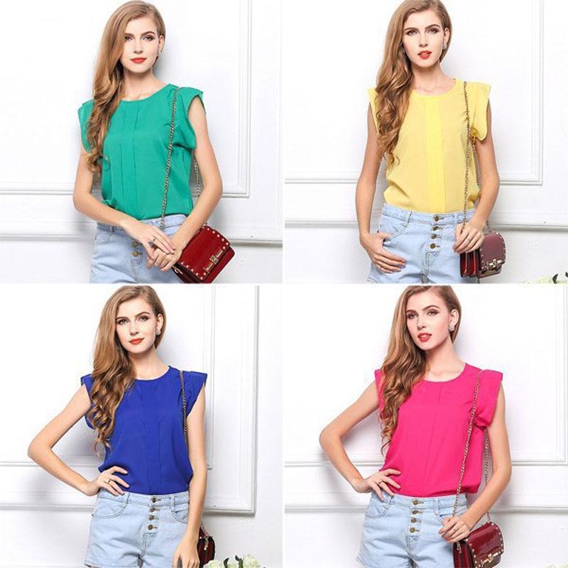Elegant Womens Sleeveless Chiffon Tops With Timeless Design In Blue Green Red