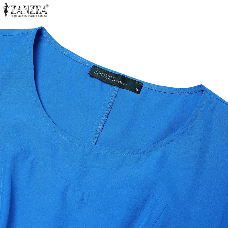 ZANZEA Vestido Casual de Verano para Mujer de Cuello Redondo y Manga Corta con Pliegues de Color Sólido