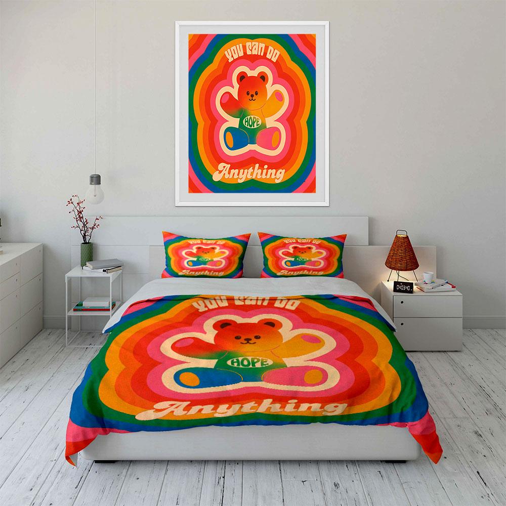 Colorful Bear with Hope Message Bedding Duvet Cover Set Duvet Cover Pillowcases (1*Duvet Cover 2*Pillowcases, without duvet insert)