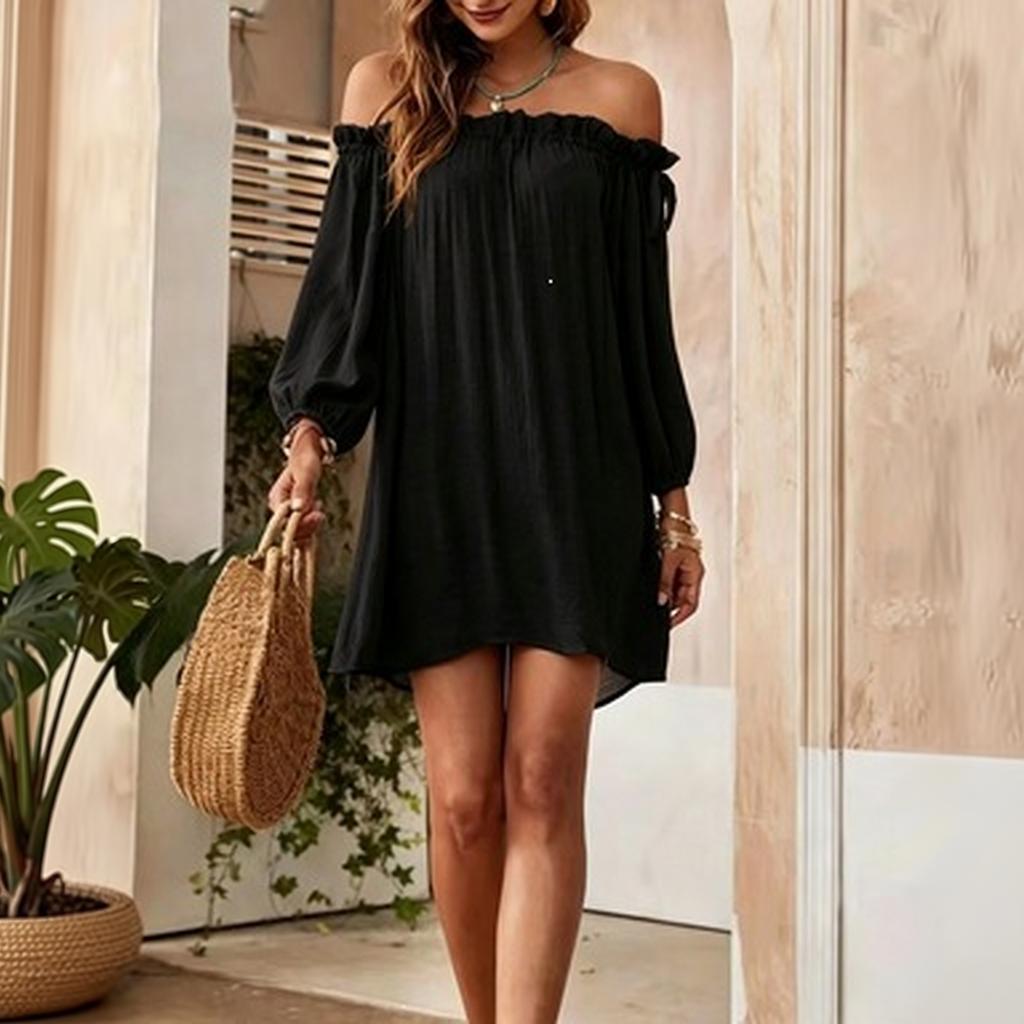 Women's Off-Shoulder Long Sleeve Loose Fit Straight Dress for Everyday Casual Wear