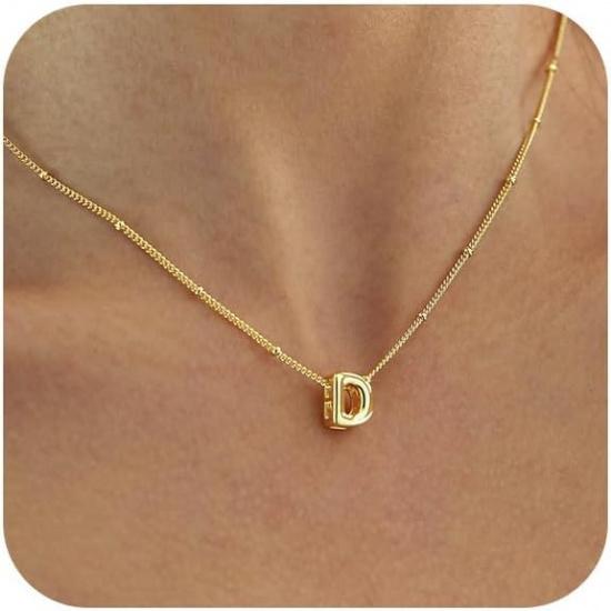 Bubble Letter Necklace Gold, Dainty Initial Necklaces for Women 14K Gold Plated Small A to Z Name Necklace Personalized Simple Initial Pendant Cute