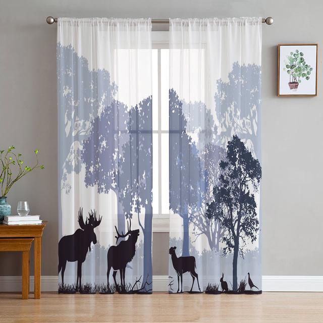 Deer Autumn Winter Forest Modern Sheer Curtains For Living Room Bedroom Tulle Curtains Window Voile Curtain Kitchen Hotel Decor