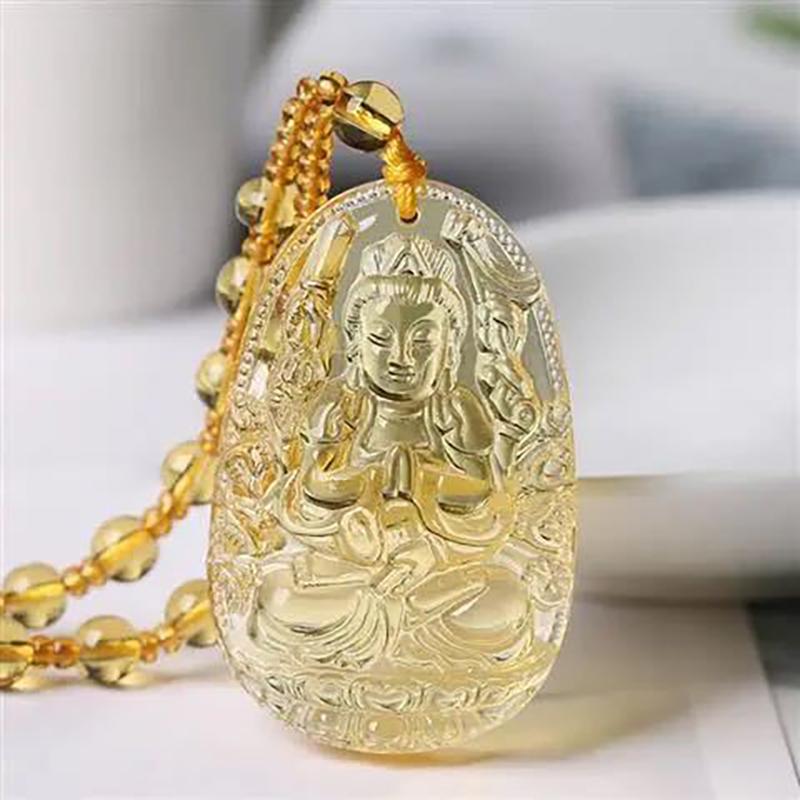 Yellow Crystal Necklace Long Sweater Chain Manjushri Pendant Amitabha Pendant Unisex Gift