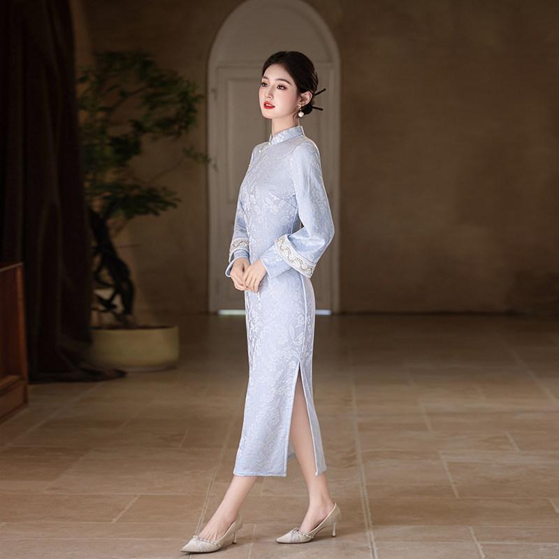 Blue national style new Chinese Suzhou long-sleeved autumn cheongsam improved young 1011 new women's high sense