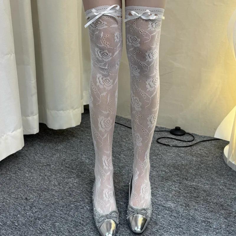 New Summer Breathable Lace Over Knee Socks Sweet Bowknot Floral Stockings Jk Thigh High Tights Black Gray Knee High Stockings