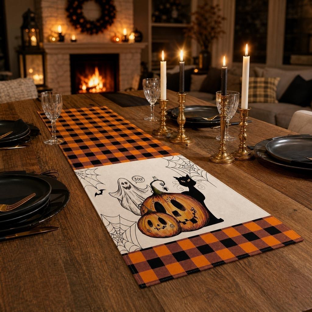 Linen Table Runner with Pumpkin and Cat Print for Fireplace TV Stand Dining Table Coffee Table 183x33cm Halloween Theme