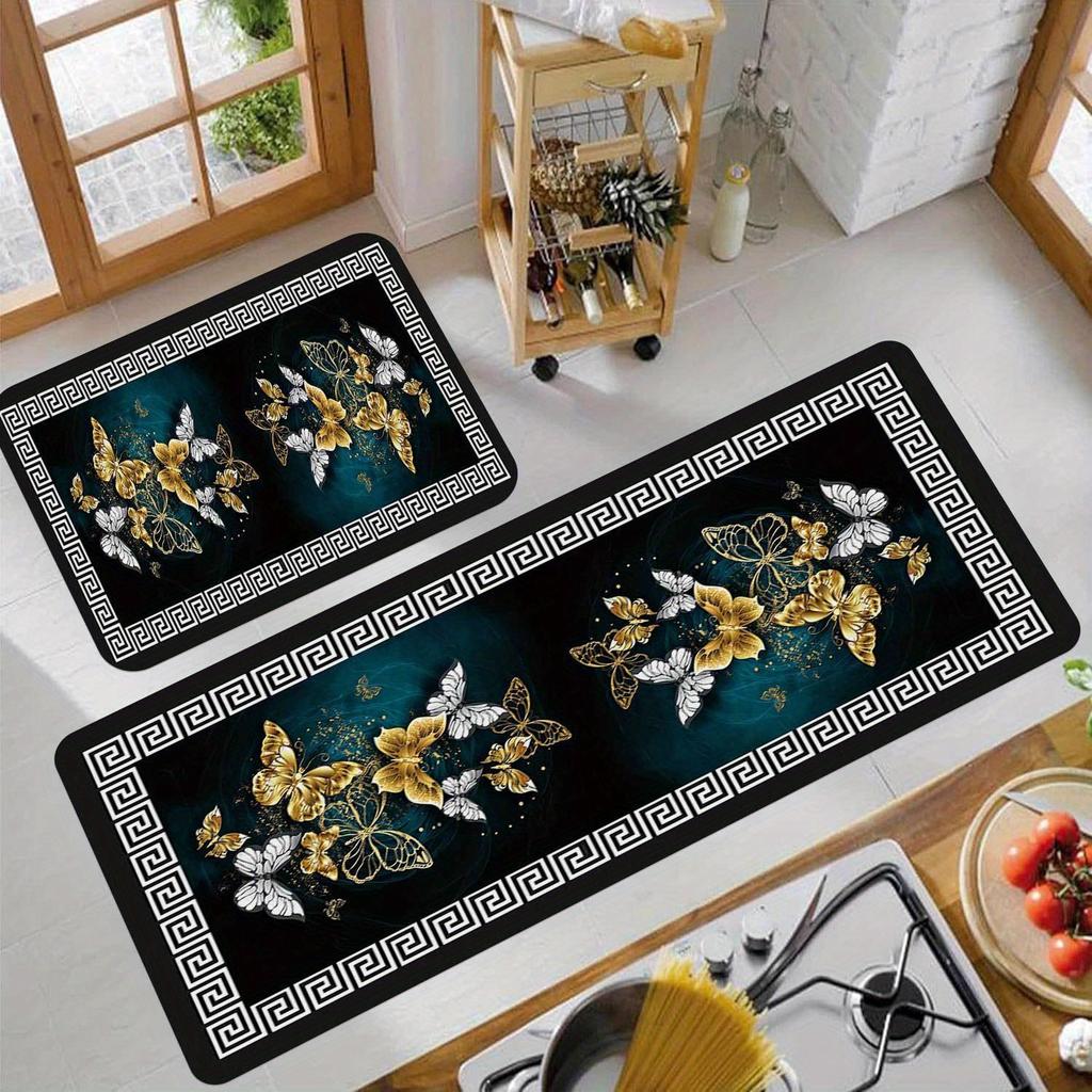 New Chinese-style Kitchen Mat with Butterfly Geometric Pattern, Long Carpet for Restaurant and Corridor, Home Decoration
